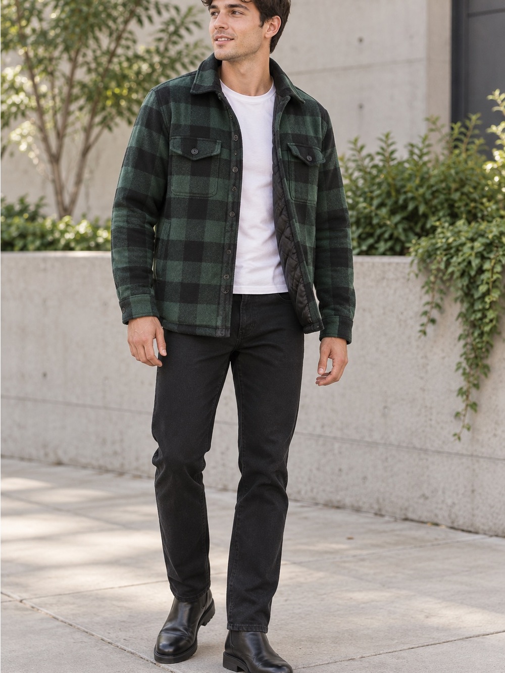 American Eagle Outfitters Green and Black Plaid Quilted Shacket